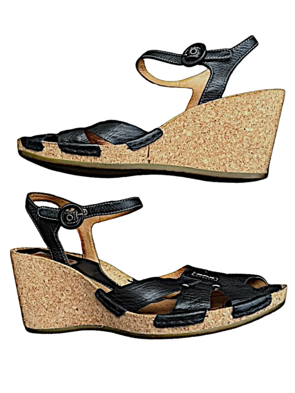 CLARKS Artisan Women’s Wedge Sandals 8Size M Black Leather Cork Heel Shoes